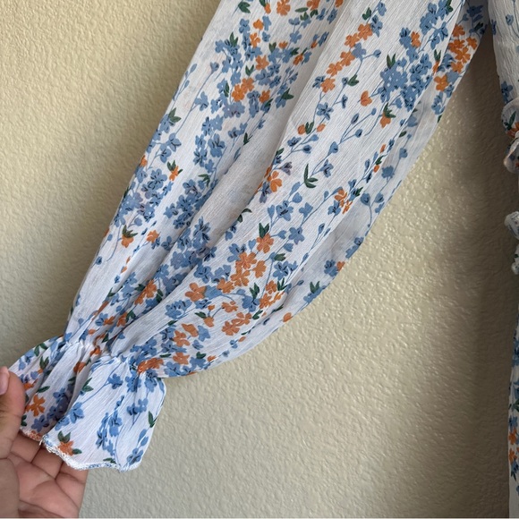 Spring Summer‎ Deep V-Neck Ruffle Long Sleeve Floral Print Mini Dress Sz S - Picture 5 of 13